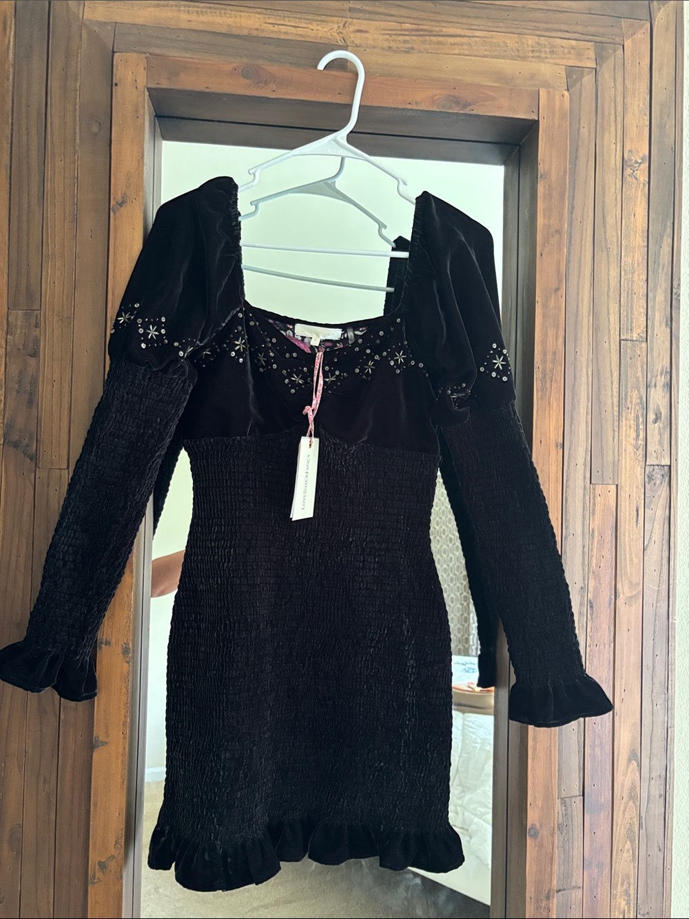LoveShackFancy Black Velvet Embellished Mini Dress